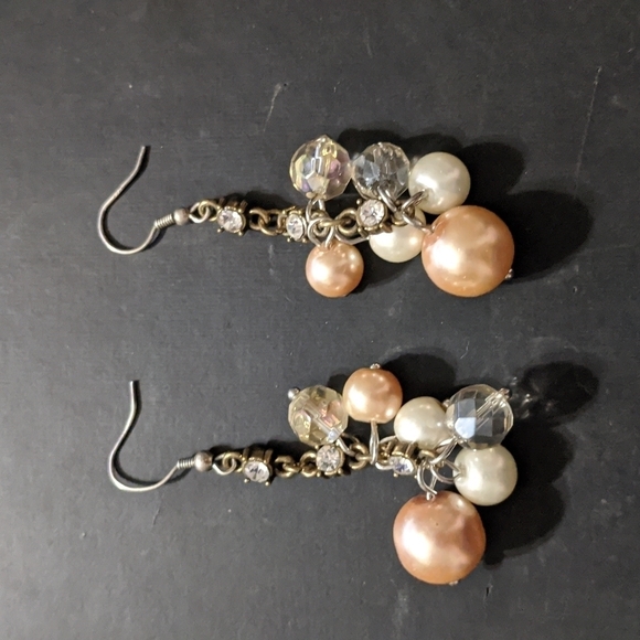 Silver Tone Chinestone White and Champagne Beaded Dangle Drop Statement Earrings - Picture 1 of 3